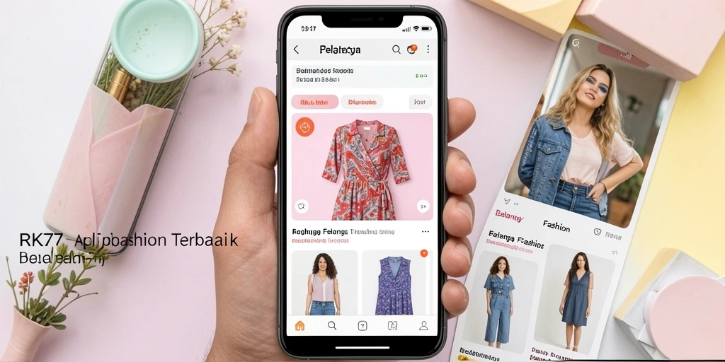 Antarmuka aplikasi RK77 yang menarik untuk belanja fashion.
