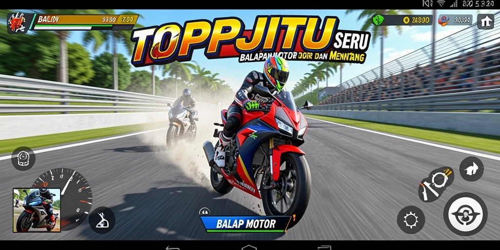 Tampilan antarmuka utama dalam game Balap Motor yang menegangkan.